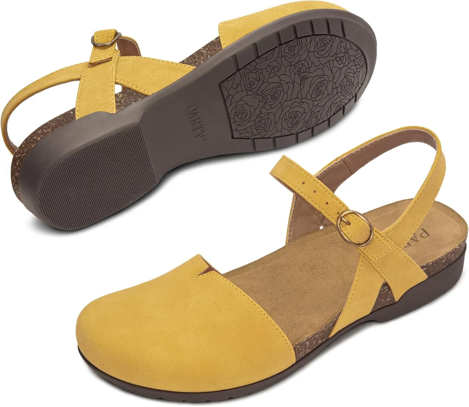 PARTY Closed Toe Sandals Women, Barefoot Arch Support Flat Sandals for Office Work and Travel with Comfortable Cork Footbed