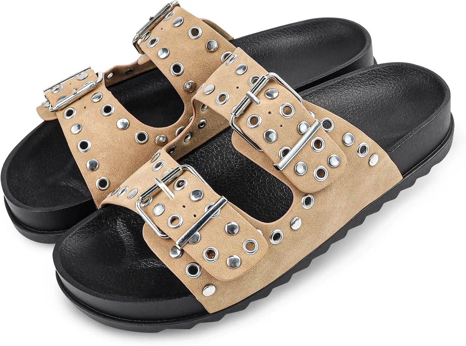 Platform Sandals Women，Womens Sandals-Studded Silde Sandals-Double Buckle Adjustable-Beach Sandals for Women-Flat Sandals Summer Vacation