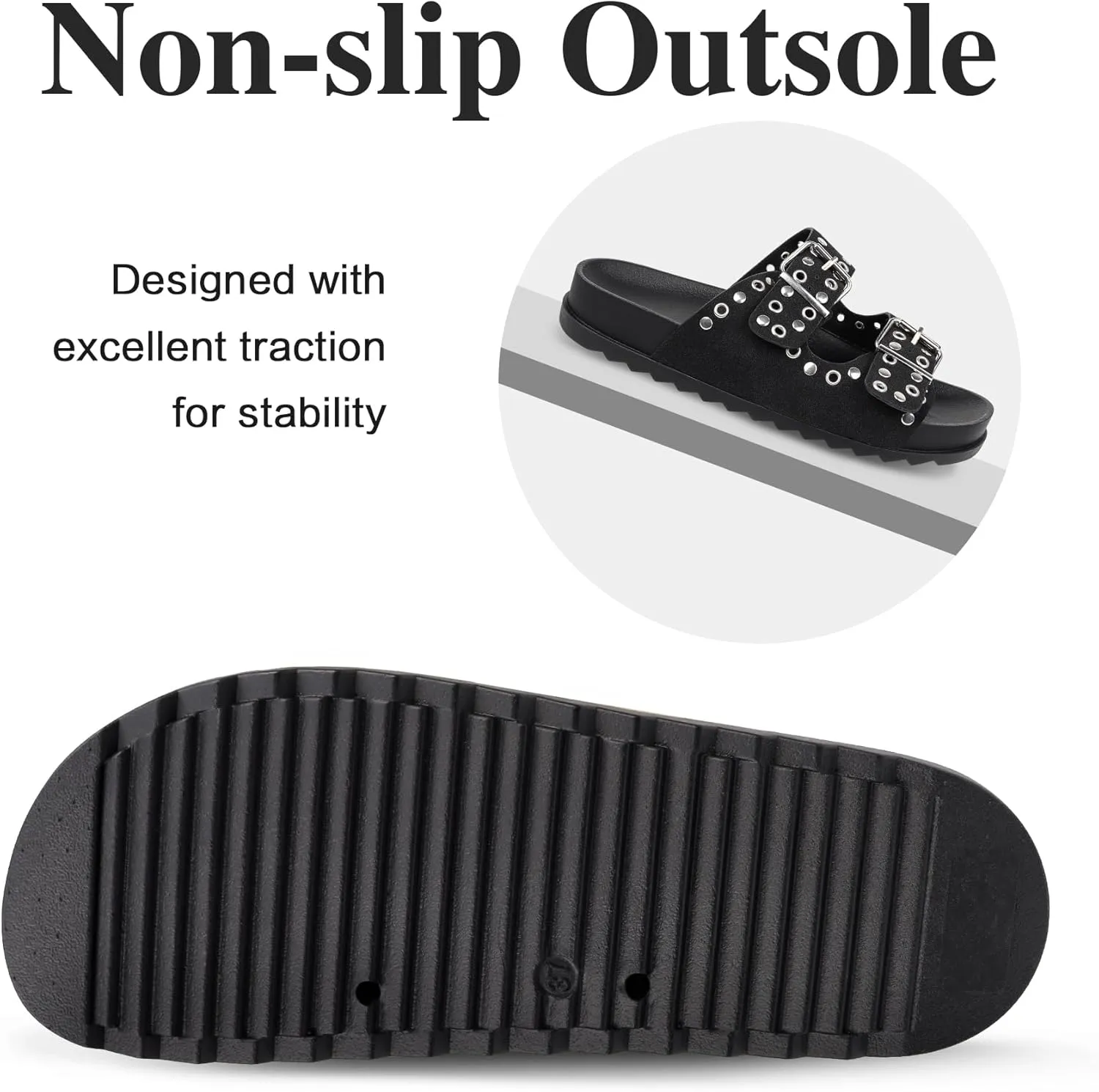 Platform Sandals Women，Womens Sandals-Studded Silde Sandals-Double Buckle Adjustable-Beach Sandals for Women-Flat Sandals Summer Vacation