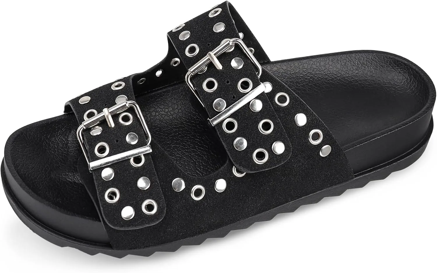Platform Sandals Women，Womens Sandals-Studded Silde Sandals-Double Buckle Adjustable-Beach Sandals for Women-Flat Sandals Summer Vacation