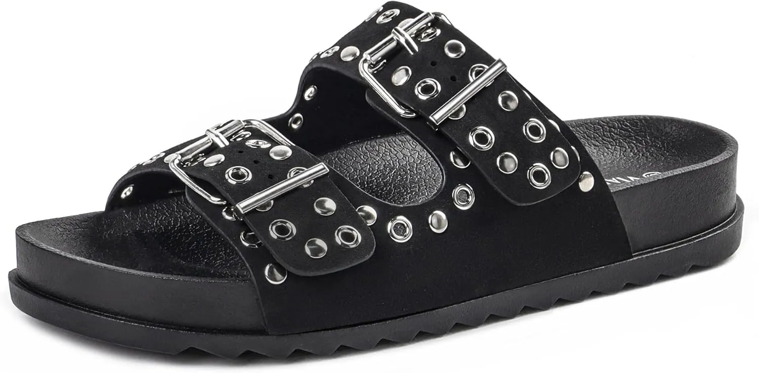 Platform Sandals Women，Womens Sandals-Studded Silde Sandals-Double Buckle Adjustable-Beach Sandals for Women-Flat Sandals Summer Vacation
