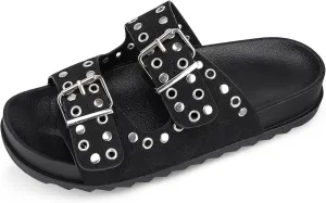 Platform Sandals Women，Womens Sandals-Studded Silde Sandals-Double Buckle Adjustable-Beach Sandals for Women-Flat Sandals Summer Vacation
