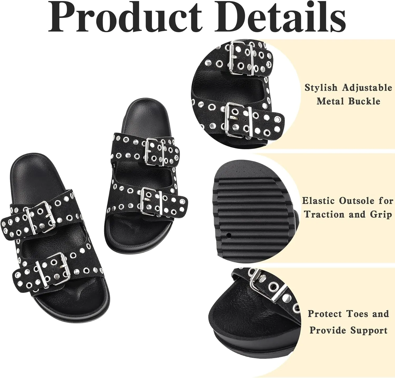 Platform Sandals Women，Womens Sandals-Studded Silde Sandals-Double Buckle Adjustable-Beach Sandals for Women-Flat Sandals Summer Vacation