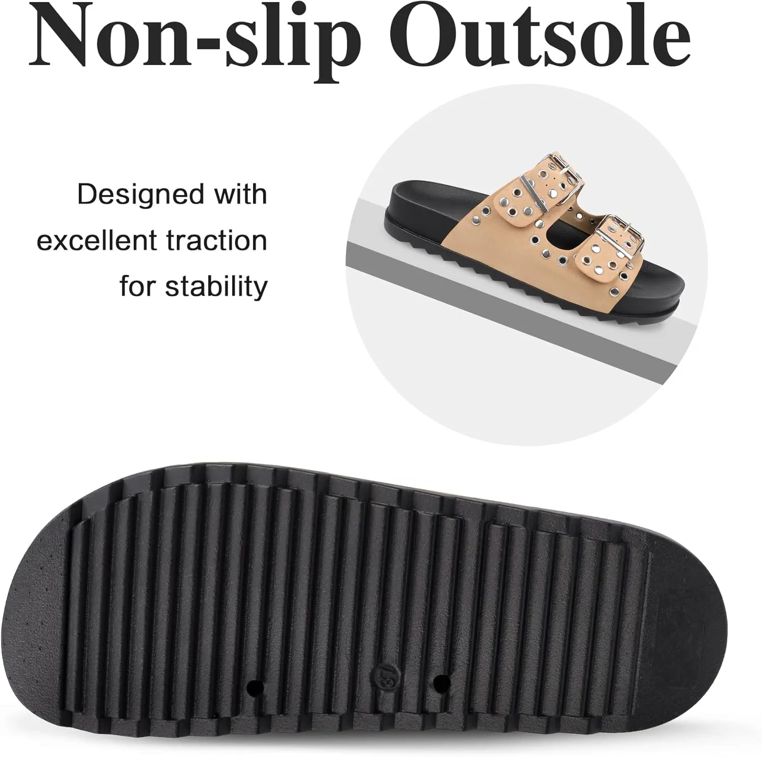 Platform Sandals Women，Womens Sandals-Studded Silde Sandals-Double Buckle Adjustable-Beach Sandals for Women-Flat Sandals Summer Vacation