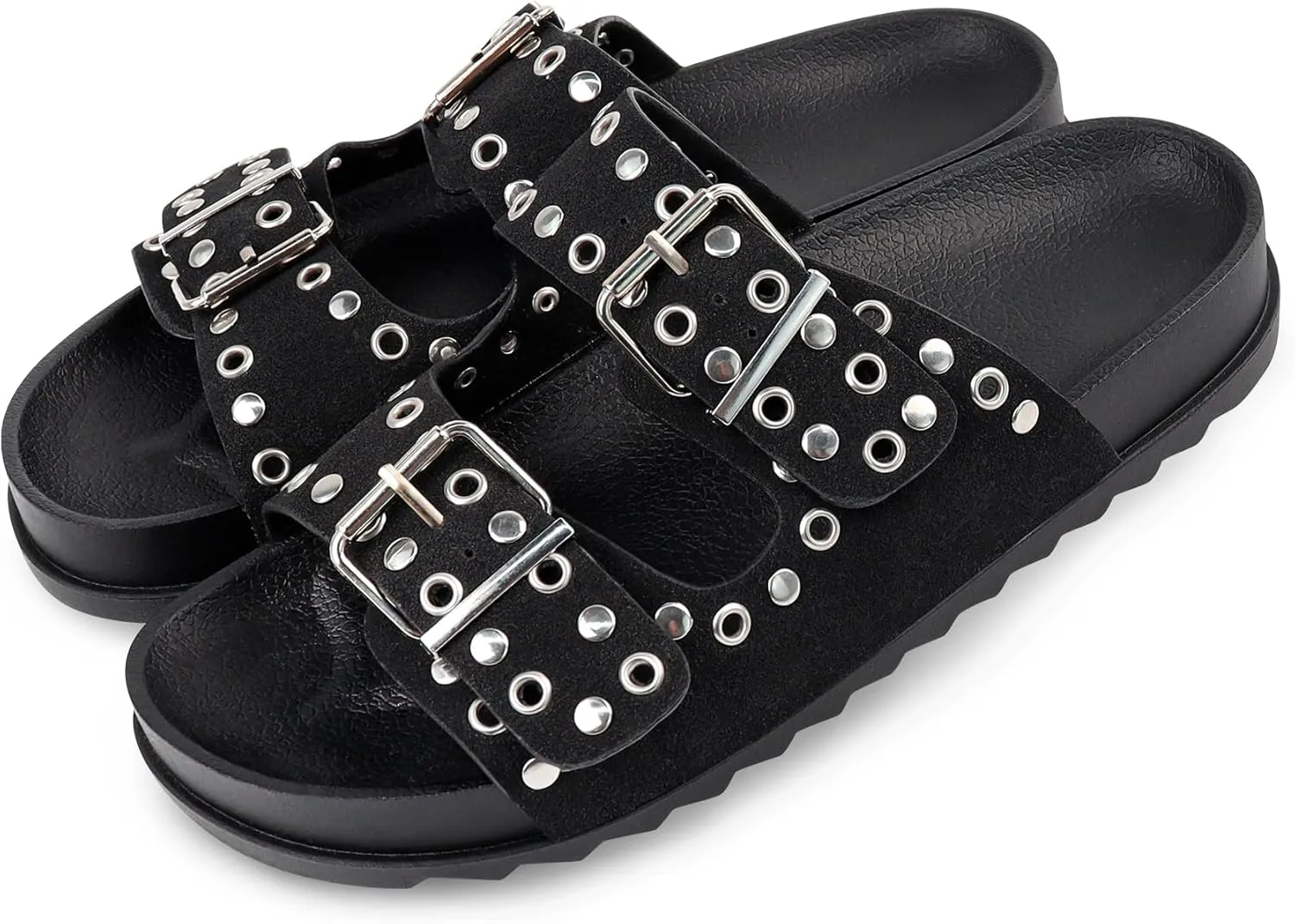 Platform Sandals Women，Womens Sandals-Studded Silde Sandals-Double Buckle Adjustable-Beach Sandals for Women-Flat Sandals Summer Vacation