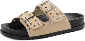 Platform Sandals Women，Womens Sandals-Studded Silde Sandals-Double Buckle Adjustable-Beach Sandals for Women-Flat Sandals Summer Vacation