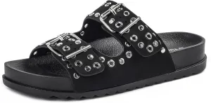 Platform Sandals Women，Womens Sandals-Studded Silde Sandals-Double Buckle Adjustable-Beach Sandals for Women-Flat Sandals Summer Vacation