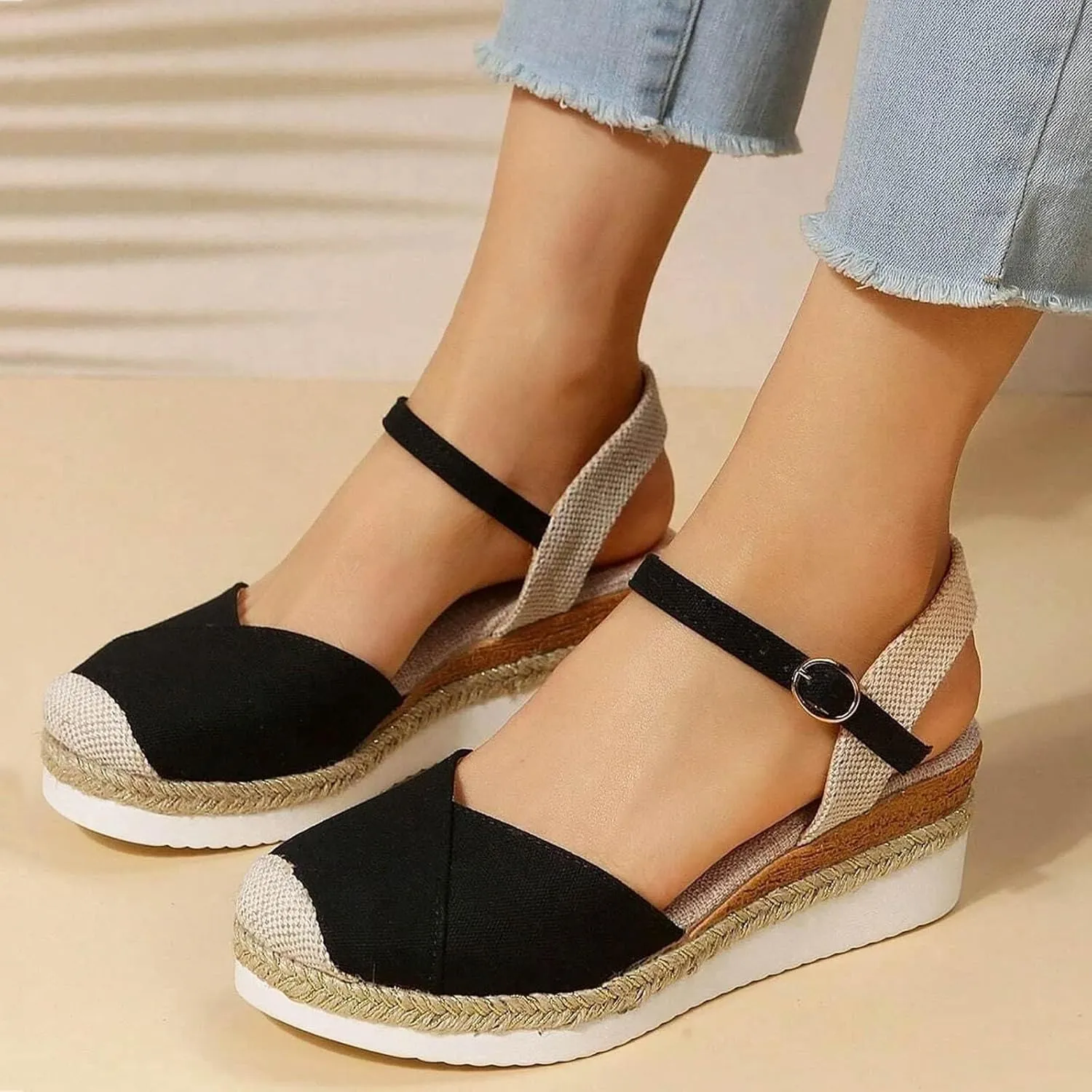 Platform Wedge Sandals for Women Summer Dressy Color Block Ankle Strap Closed Toe Espadrille Wedge Sandals Casual Beach Shoes