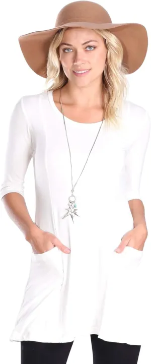 Popana Womens 3/4 Sleeve Tunic Top with Pockets - Made in USA Long Shirts to Wear with Leggings - Tunic Pullover for Women