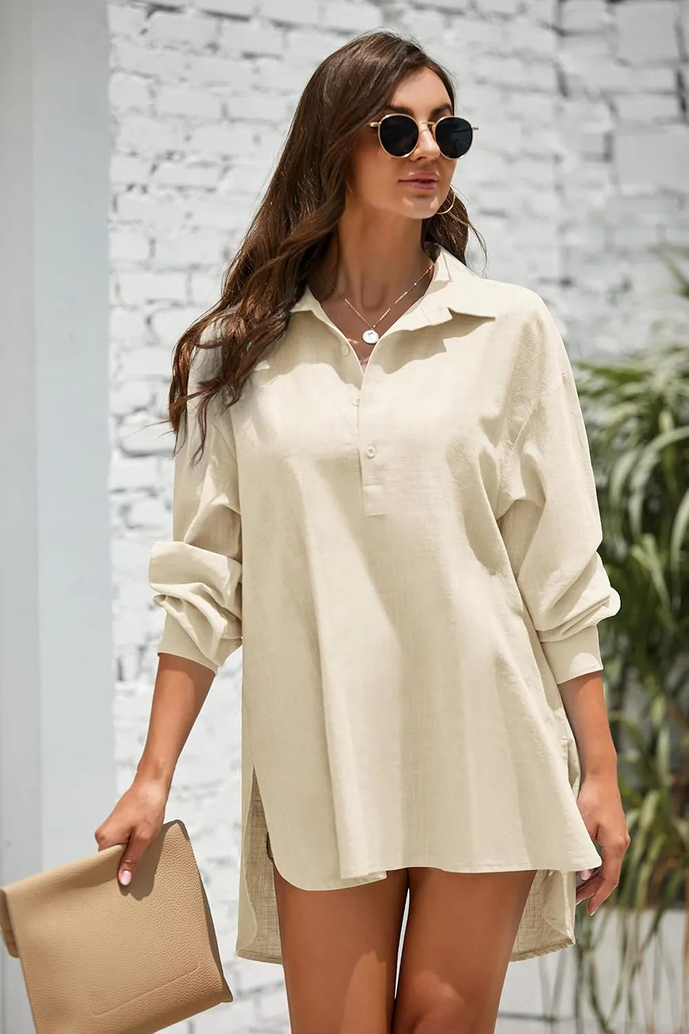 Pretifeel Womens Cotton Linen Tunic Shirts Button Down Long Sleeve Blouse Tops Beach Cover Up