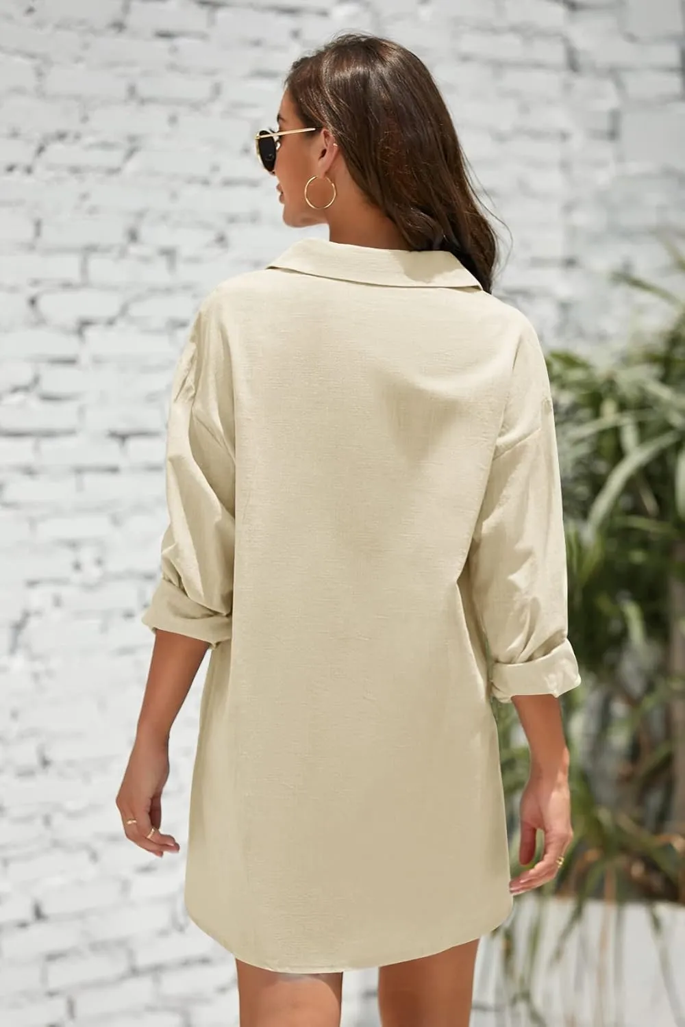 Pretifeel Womens Cotton Linen Tunic Shirts Button Down Long Sleeve Blouse Tops Beach Cover Up