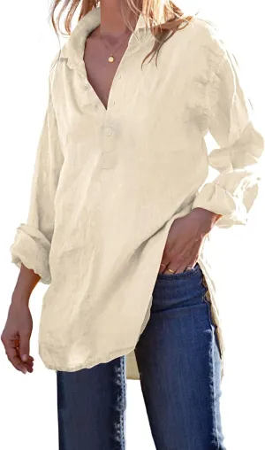 Pretifeel Womens Cotton Linen Tunic Shirts Button Down Long Sleeve Blouse Tops Beach Cover Up