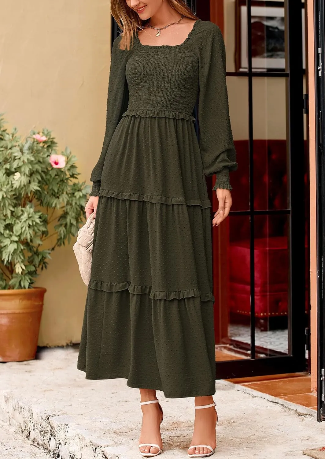 PRETTYGARDEN Women's Spring Long Sleeve Smocked Maxi Dress Casual Square Neck Swiss Dot Tiered Ruffle Flowy Pocket Dresses