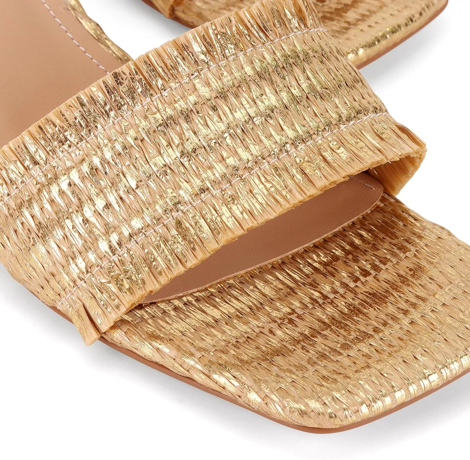 Raffia Mule Sandals for Women Square Toe Slip On Kitten Heels Woven Heeled Slides for Summer Dress and Vacation