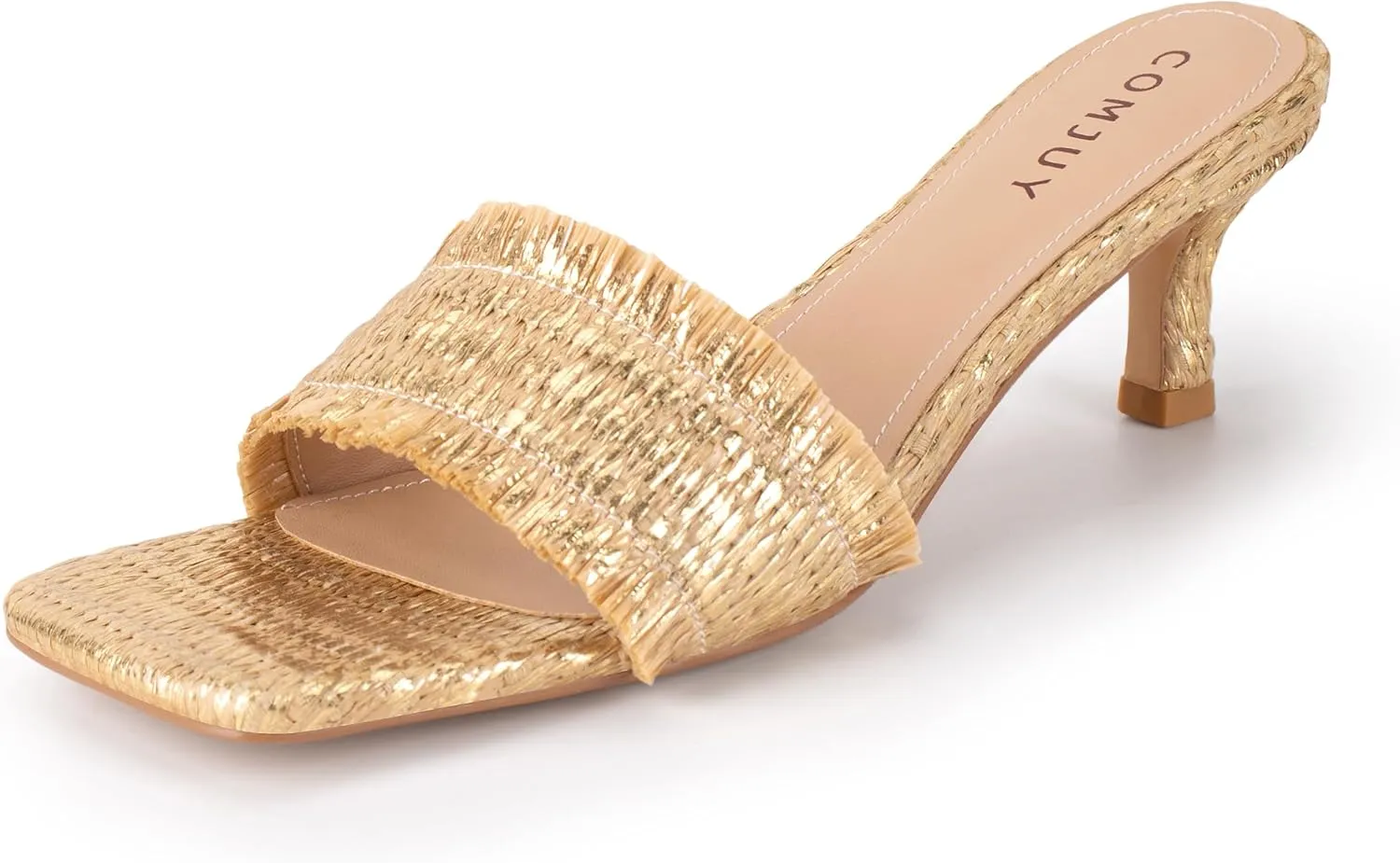 Raffia Mule Sandals for Women Square Toe Slip On Kitten Heels Woven Heeled Slides for Summer Dress and Vacation