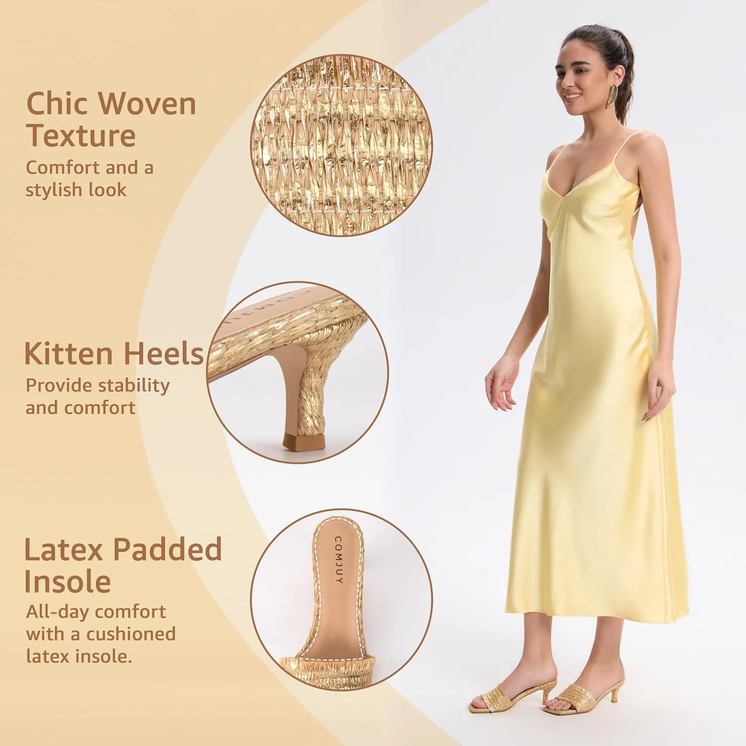 Raffia Mule Sandals for Women Square Toe Slip On Kitten Heels Woven Heeled Slides for Summer Dress and Vacation