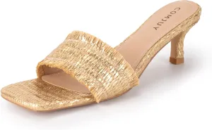 Raffia Mule Sandals for Women Square Toe Slip On Kitten Heels Woven Heeled Slides for Summer Dress and Vacation