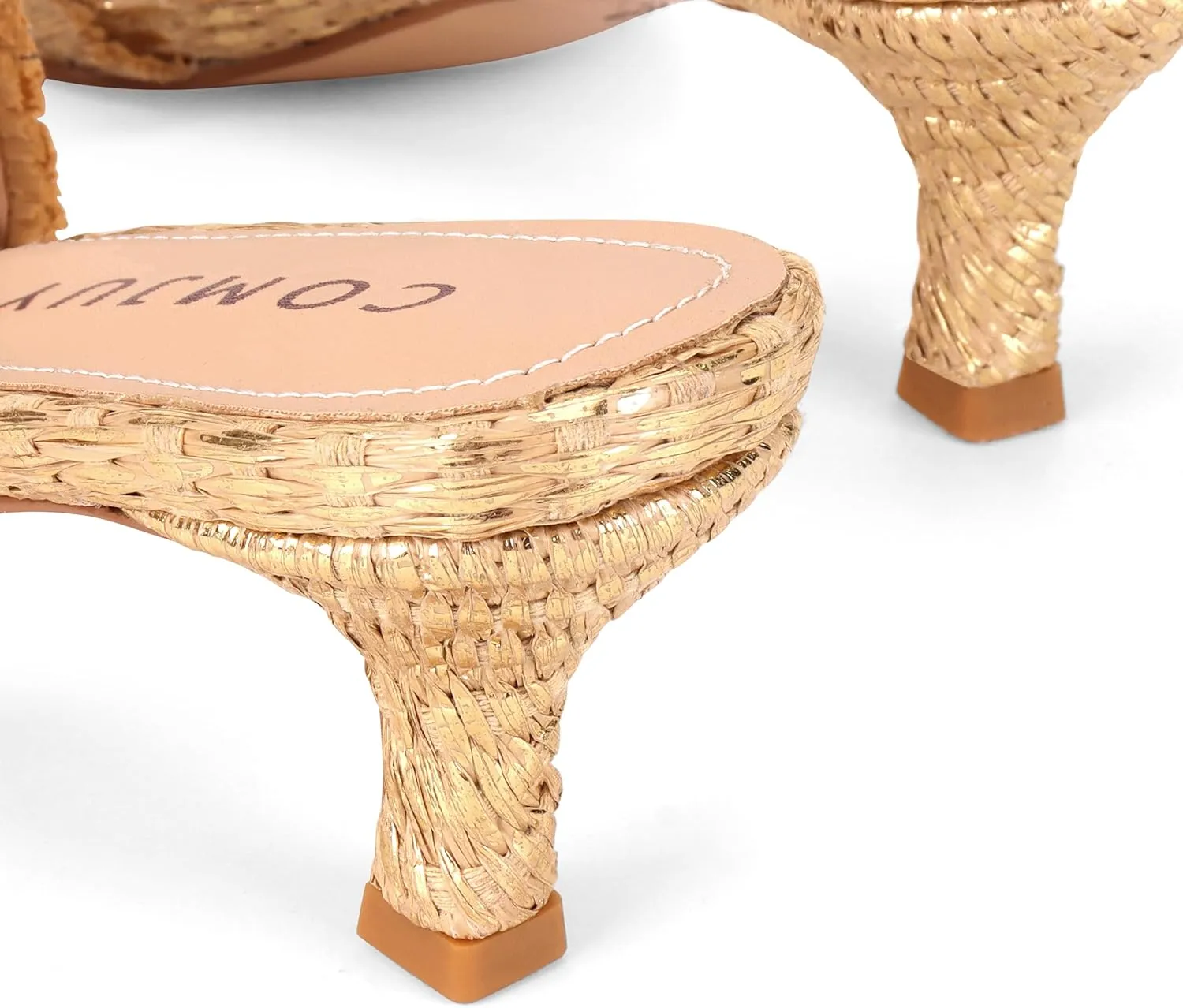 Raffia Mule Sandals for Women Square Toe Slip On Kitten Heels Woven Heeled Slides for Summer Dress and Vacation