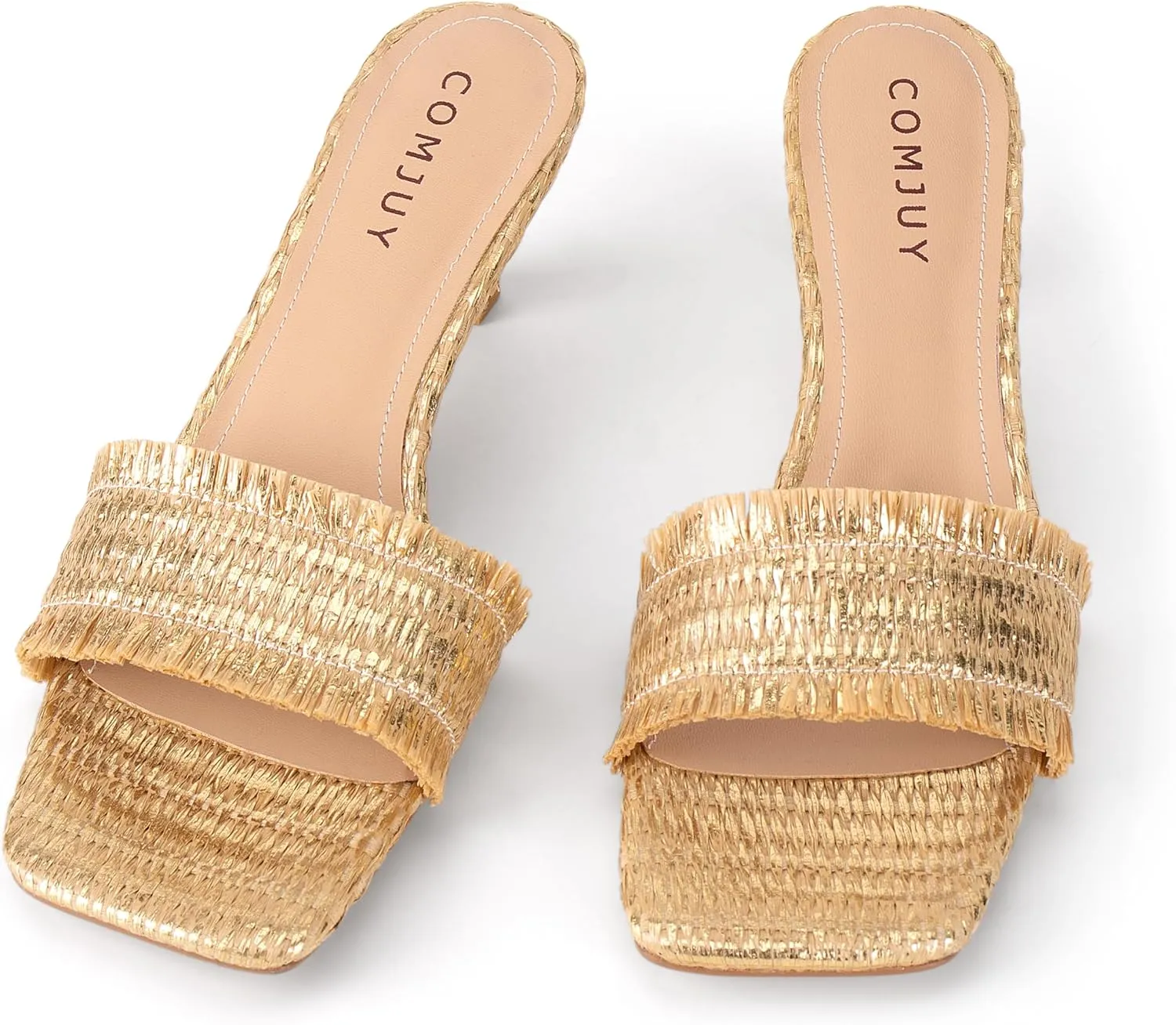 Raffia Mule Sandals for Women Square Toe Slip On Kitten Heels Woven Heeled Slides for Summer Dress and Vacation