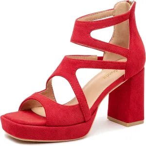 risdoada Platform Heels 3.54 Inches Chunky Block Heeled Sandals for Women Comfortable Suede Open Toe Hollow Out High Heels Pumps
