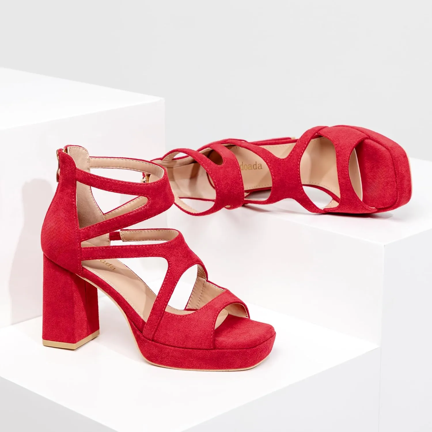 risdoada Platform Heels 3.54 Inches Chunky Block Heeled Sandals for Women Comfortable Suede Open Toe Hollow Out High Heels Pumps