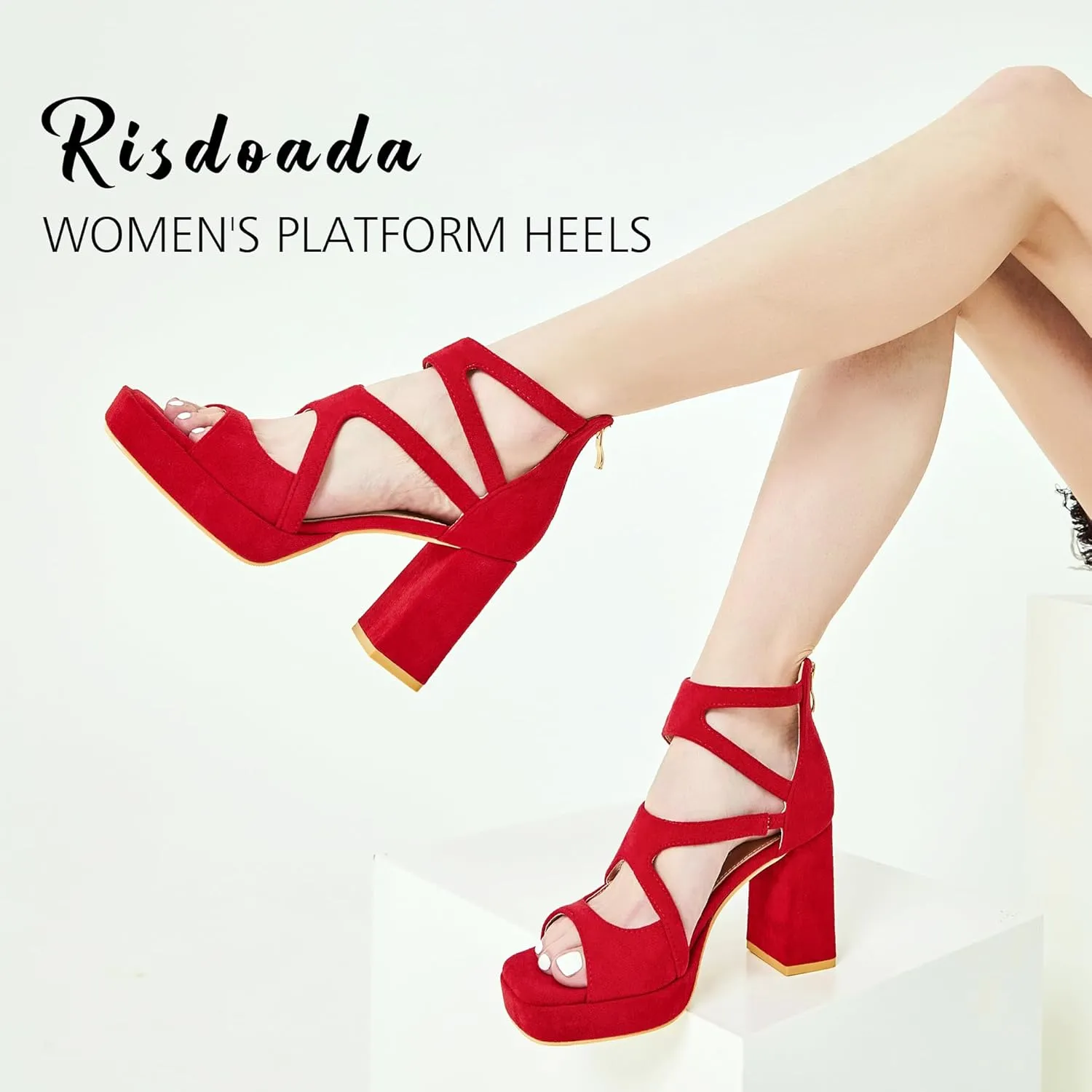 risdoada Platform Heels 3.54 Inches Chunky Block Heeled Sandals for Women Comfortable Suede Open Toe Hollow Out High Heels Pumps
