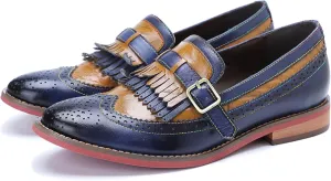 Riutiru Women's Handmade Lambskin Mary Jane Loafers Shoes, Retro Ethnic Print Style and Brock-Style Design