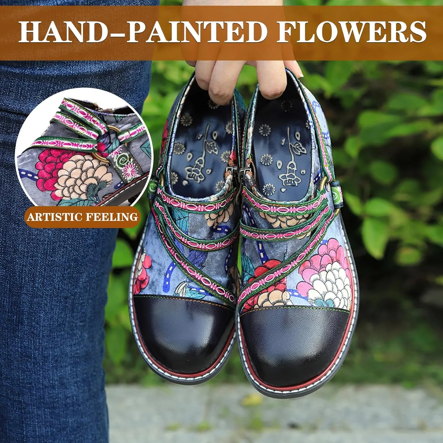 Riutiru Women's Handmade Lambskin Mary Jane Loafers Shoes, Retro Ethnic Print Style and Brock-Style Design