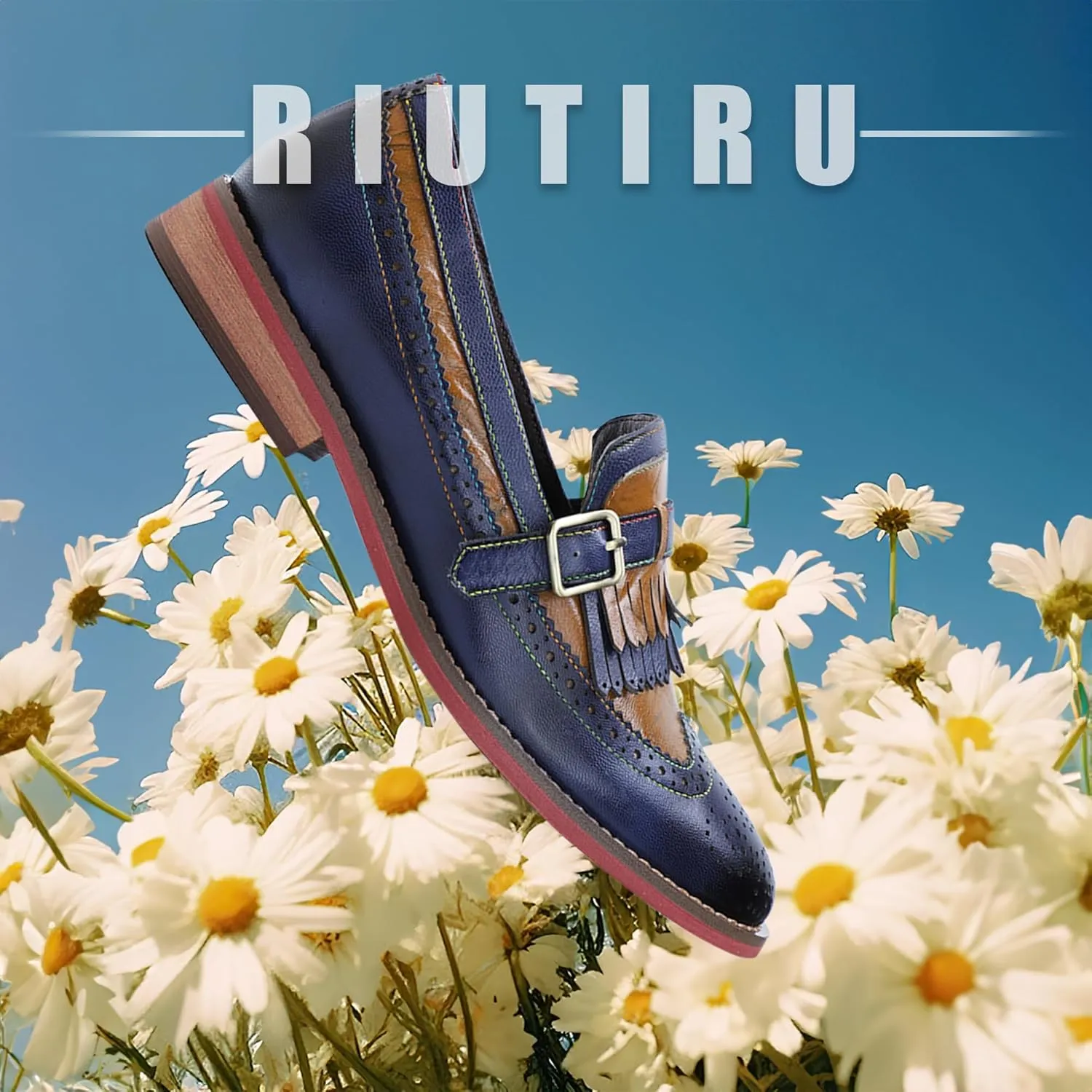 Riutiru Women's Handmade Lambskin Mary Jane Loafers Shoes, Retro Ethnic Print Style and Brock-Style Design