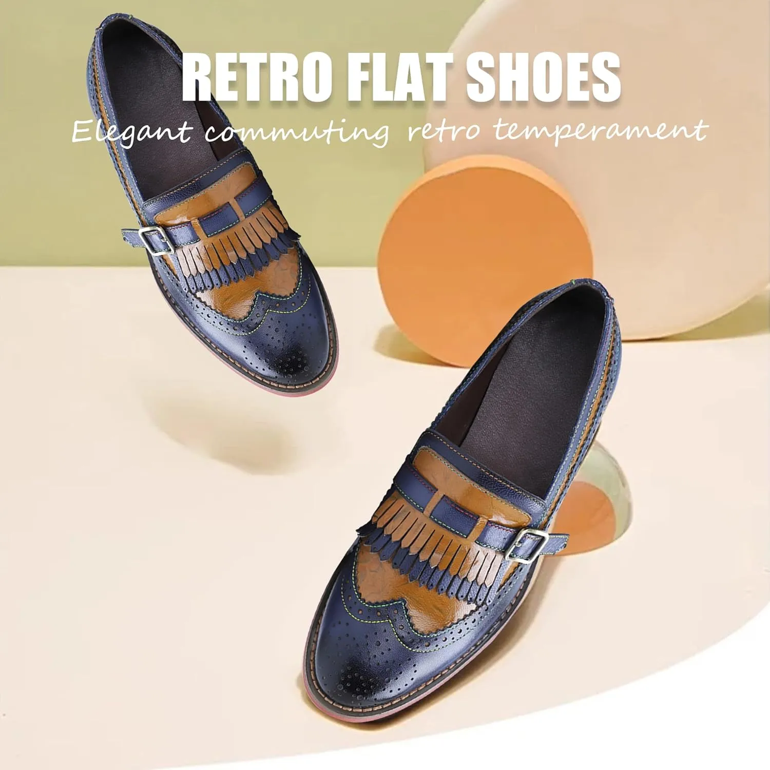 Riutiru Women's Handmade Lambskin Mary Jane Loafers Shoes, Retro Ethnic Print Style and Brock-Style Design