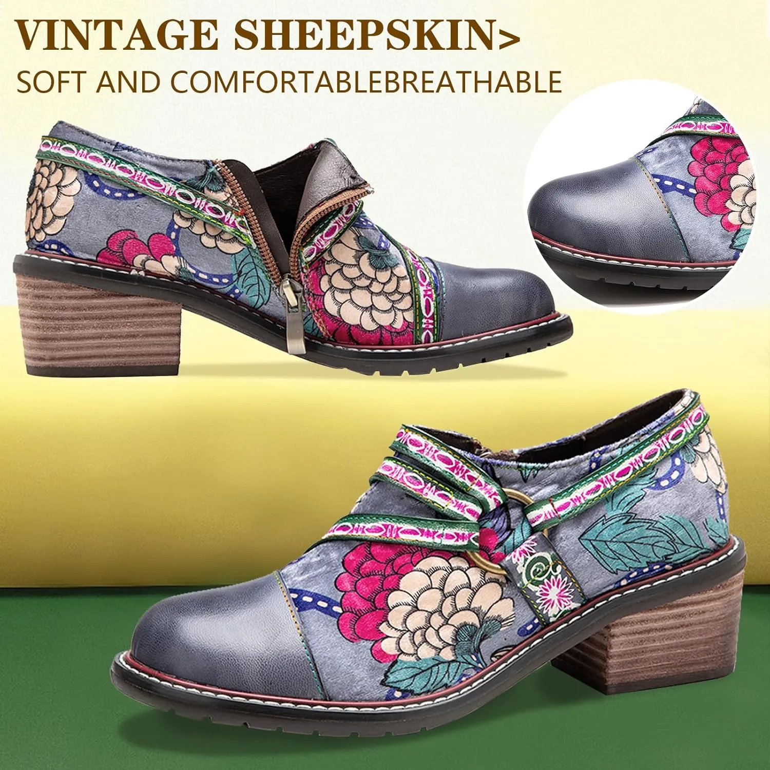Riutiru Women's Handmade Lambskin Mary Jane Loafers Shoes, Retro Ethnic Print Style and Brock-Style Design