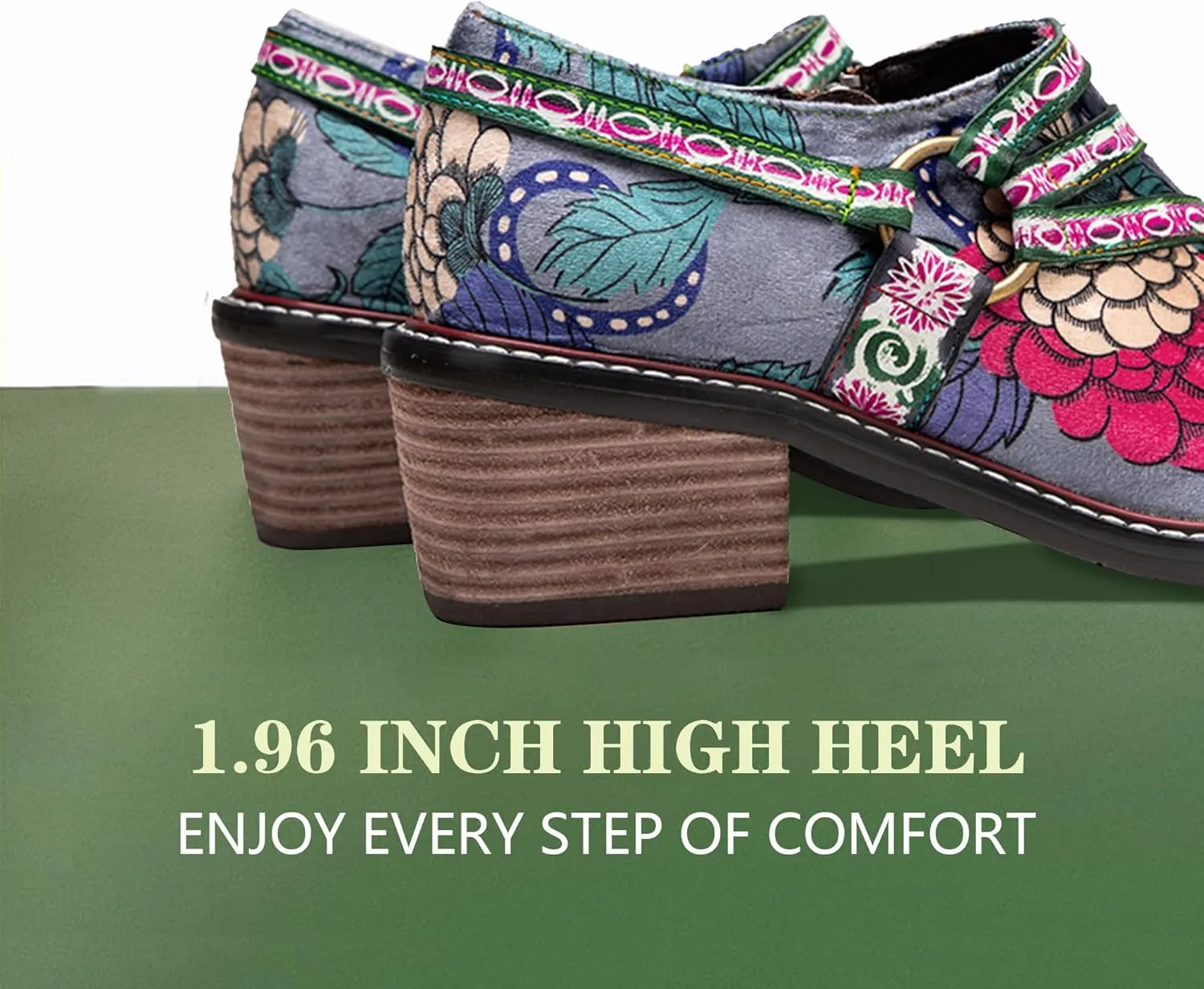 Riutiru Women's Handmade Lambskin Mary Jane Loafers Shoes, Retro Ethnic Print Style and Brock-Style Design