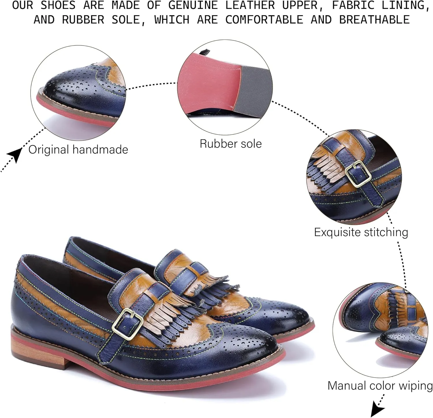 Riutiru Women's Handmade Lambskin Mary Jane Loafers Shoes, Retro Ethnic Print Style and Brock-Style Design