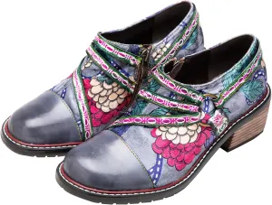 Riutiru Women's Handmade Lambskin Mary Jane Loafers Shoes, Retro Ethnic Print Style and Brock-Style Design