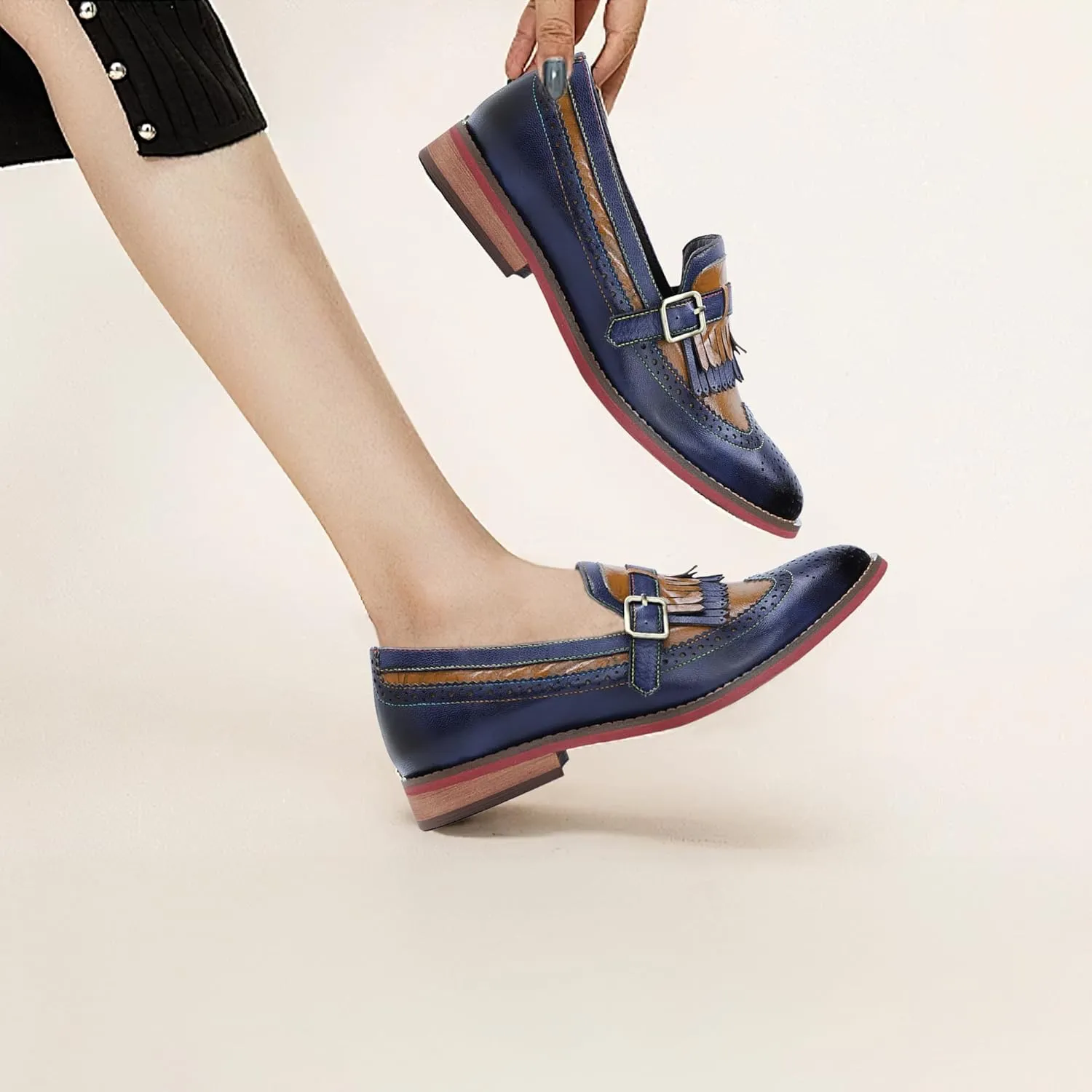 Riutiru Women's Handmade Lambskin Mary Jane Loafers Shoes, Retro Ethnic Print Style and Brock-Style Design