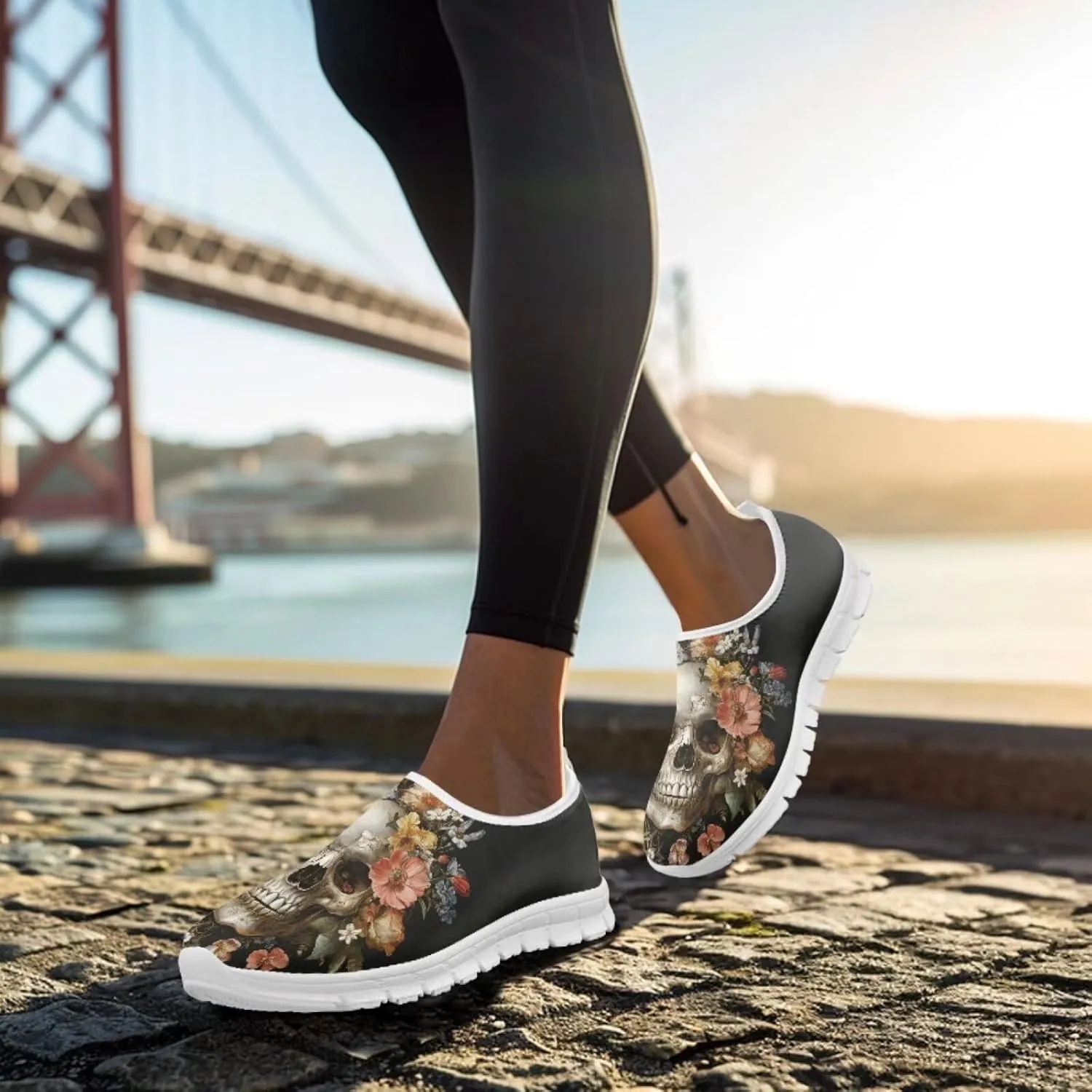 Rose Skull Print Women's Loafers Slip On Slip Shoe Casual Walking Shoes Non Slip Work Shoes Mesh Athletic Sneakers
