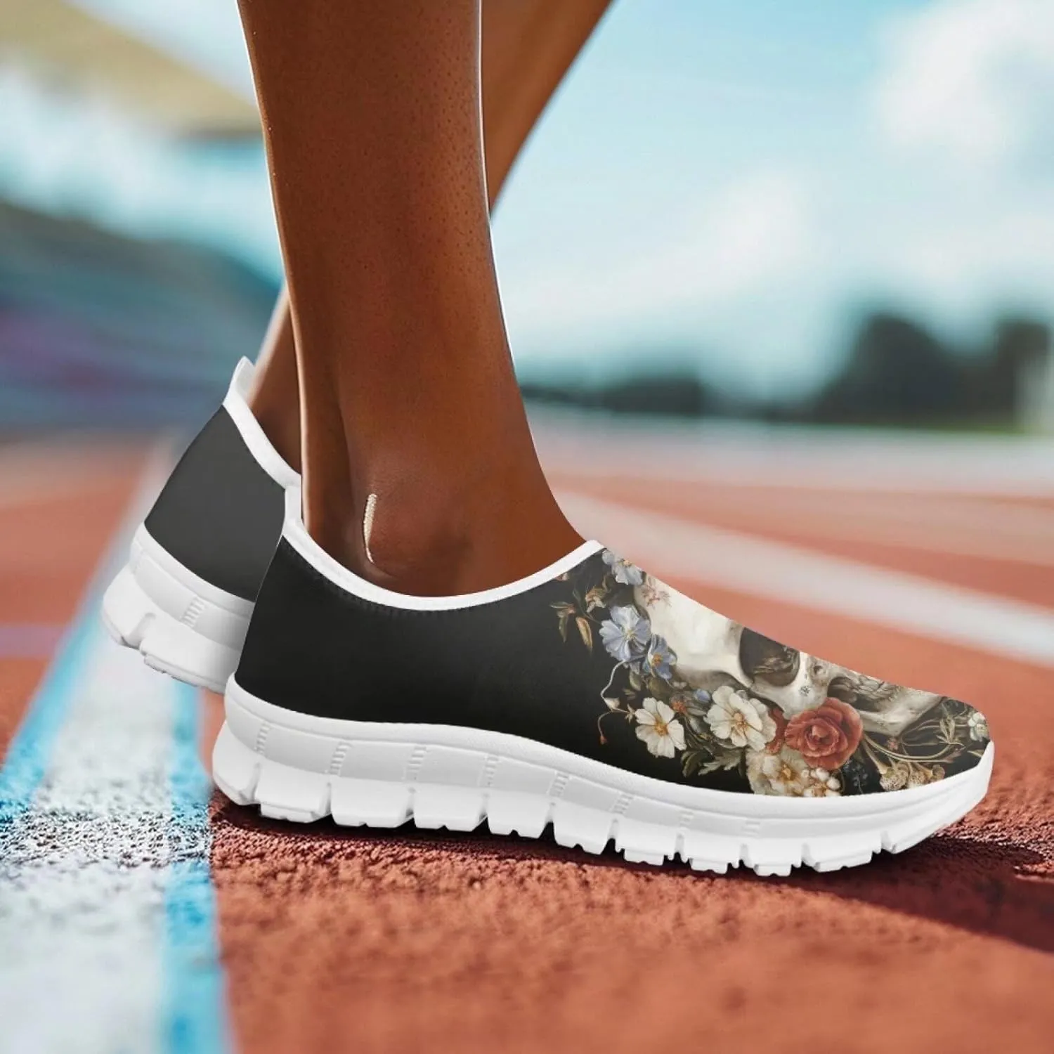 Rose Skull Print Women's Loafers Slip On Slip Shoe Casual Walking Shoes Non Slip Work Shoes Mesh Athletic Sneakers