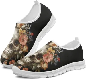 Rose Skull Print Women's Loafers Slip On Slip Shoe Casual Walking Shoes Non Slip Work Shoes Mesh Athletic Sneakers
