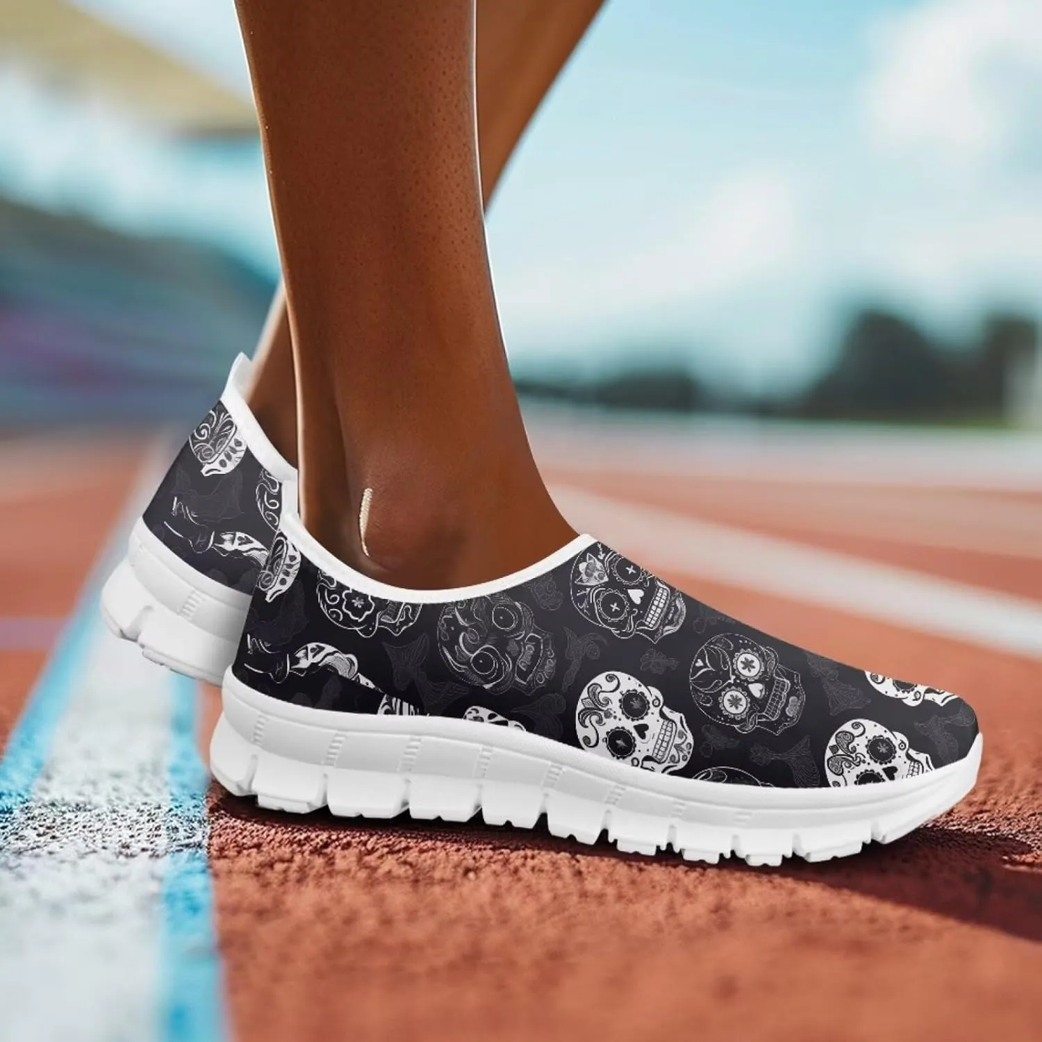 Rose Skull Print Women's Loafers Slip On Slip Shoe Casual Walking Shoes Non Slip Work Shoes Mesh Athletic Sneakers