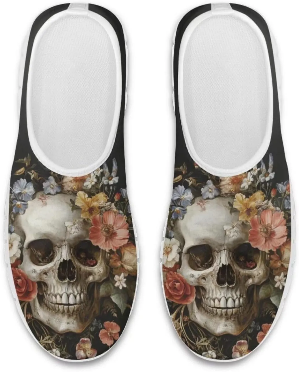Rose Skull Print Women's Loafers Slip On Slip Shoe Casual Walking Shoes Non Slip Work Shoes Mesh Athletic Sneakers
