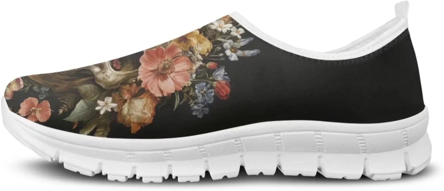 Rose Skull Print Women's Loafers Slip On Slip Shoe Casual Walking Shoes Non Slip Work Shoes Mesh Athletic Sneakers
