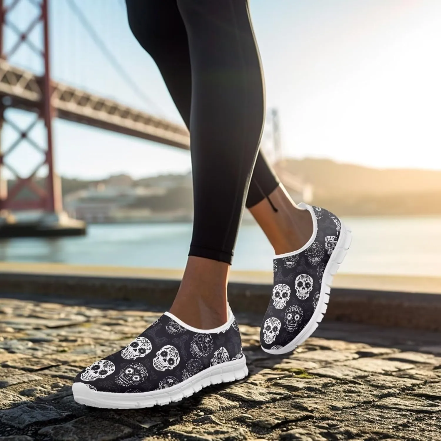 Rose Skull Print Women's Loafers Slip On Slip Shoe Casual Walking Shoes Non Slip Work Shoes Mesh Athletic Sneakers