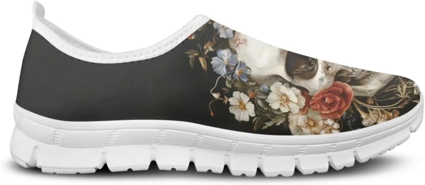 Rose Skull Print Women's Loafers Slip On Slip Shoe Casual Walking Shoes Non Slip Work Shoes Mesh Athletic Sneakers
