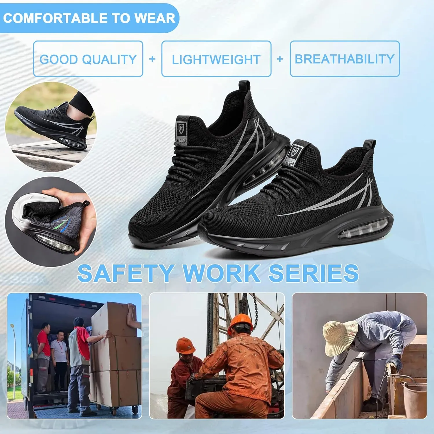 Safety Shoes Steel Toe Shoes for Men Women Breathable Safety Work Sneakers Lightweight Comfortable Proof Slip Resistant Fashion Sneakers Air Cushion Construction Industrial Shoes