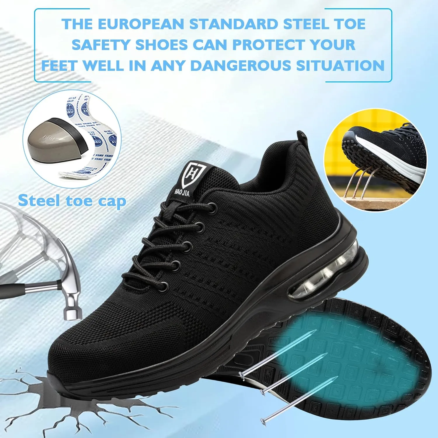 Safety Shoes Steel Toe Shoes for Men Women Breathable Safety Work Sneakers Lightweight Comfortable Proof Slip Resistant Fashion Sneakers Air Cushion Construction Industrial Shoes