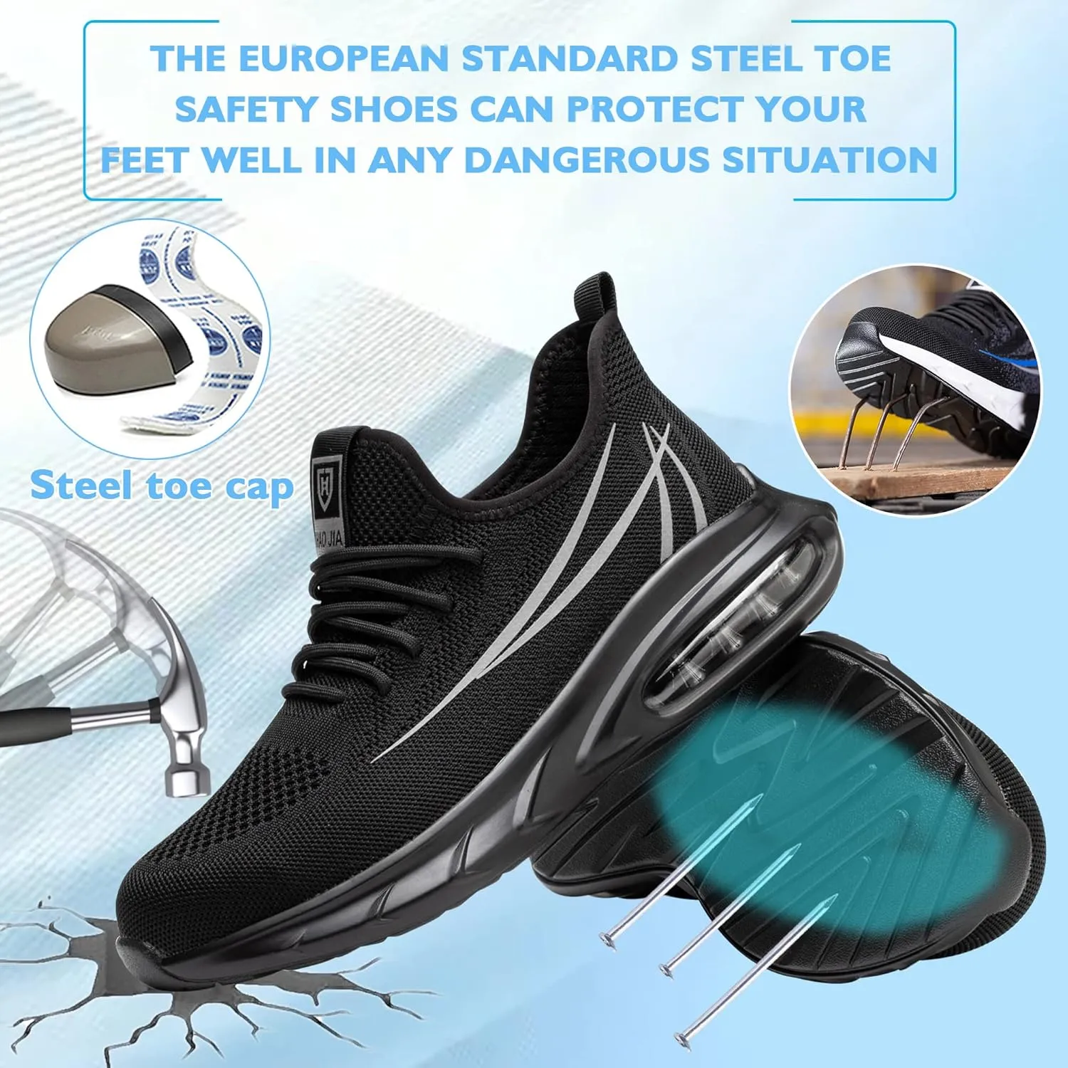 Safety Shoes Steel Toe Shoes for Men Women Breathable Safety Work Sneakers Lightweight Comfortable Proof Slip Resistant Fashion Sneakers Air Cushion Construction Industrial Shoes