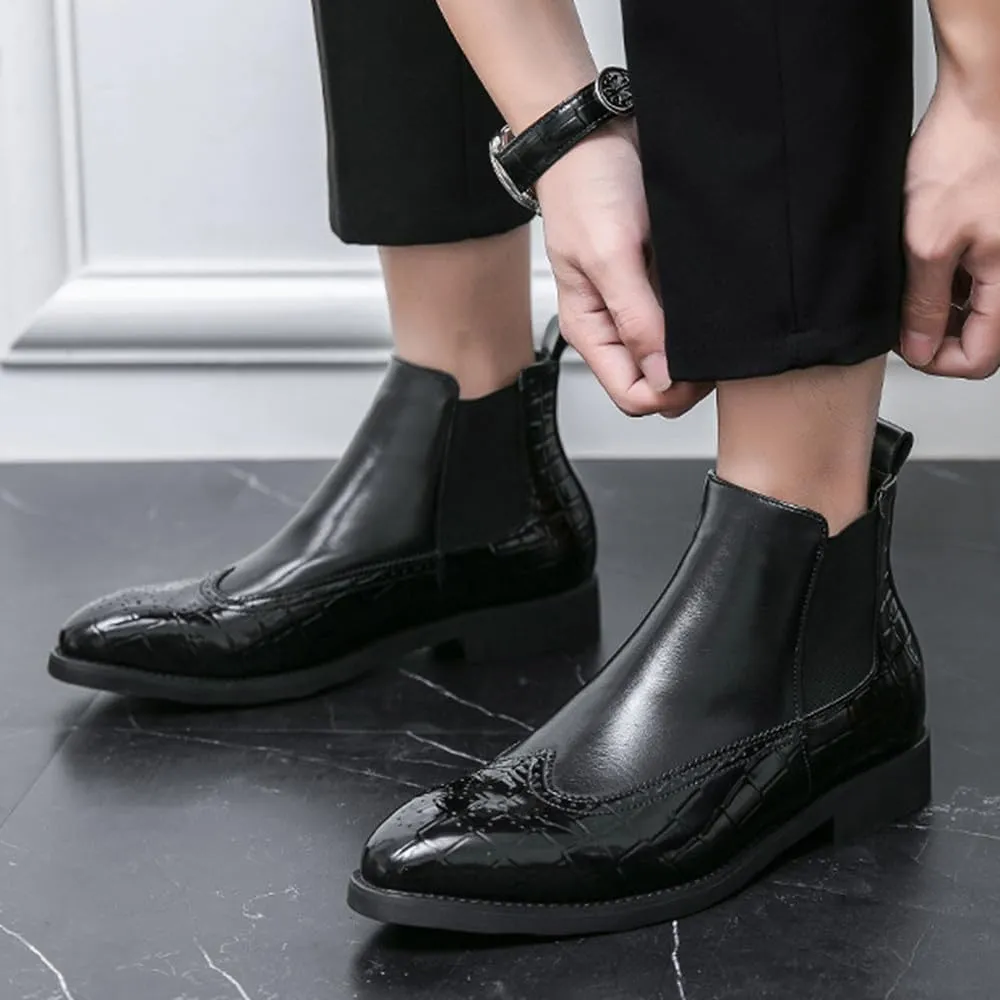 Santimon Men’s Crocodile Embossed Wingtip Chelsea Boots Leather Slip-On Dress Boots for Formal, Business, and Casual Wear, Black