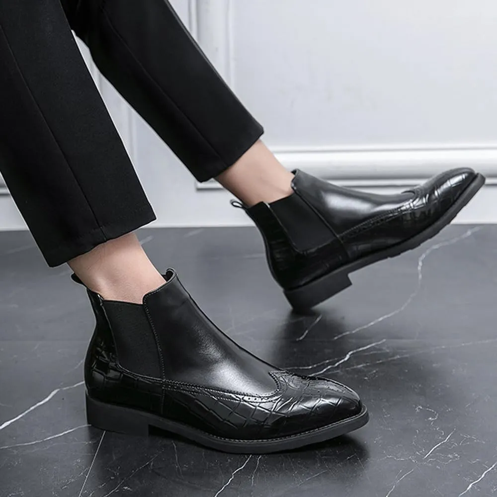 Santimon Men’s Crocodile Embossed Wingtip Chelsea Boots Leather Slip-On Dress Boots for Formal, Business, and Casual Wear, Black