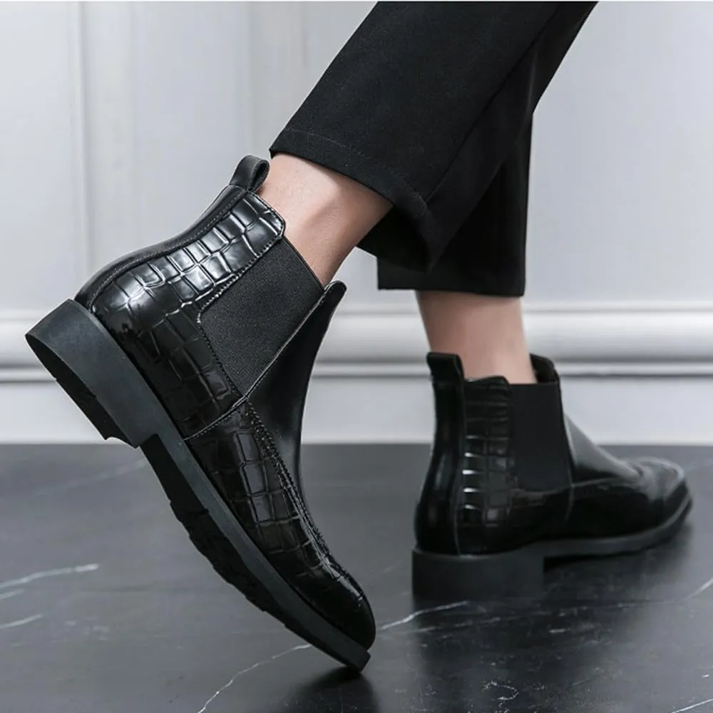 Santimon Men’s Crocodile Embossed Wingtip Chelsea Boots Leather Slip-On Dress Boots for Formal, Business, and Casual Wear, Black