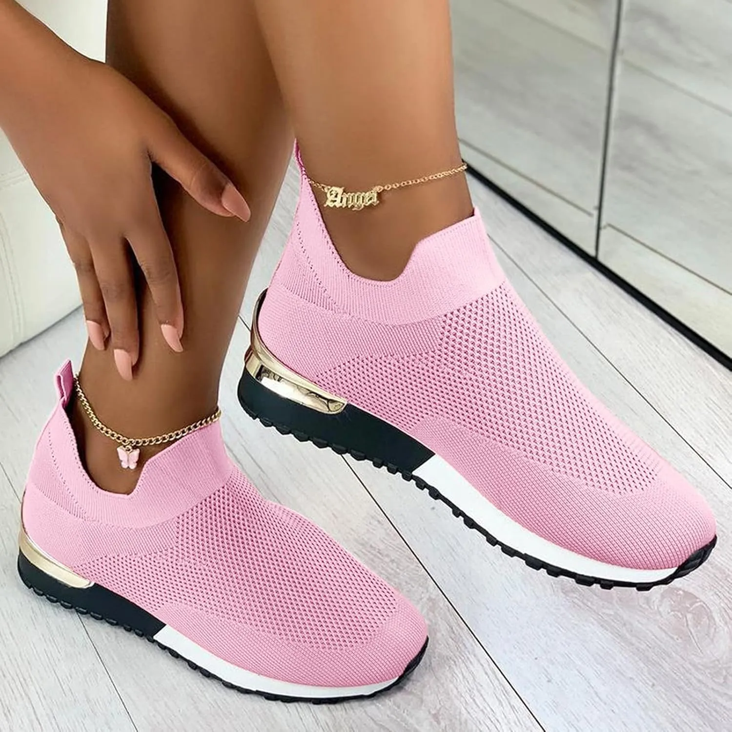 SBGMoSJ Women's Fashion Sneakers Lace-Up Woven Knit Upper Women's Wedge Fashion Sneakers Black Shoes Women Slip Ons Womens Fashion Sneakers Athletic Shoes Women Size 5.5